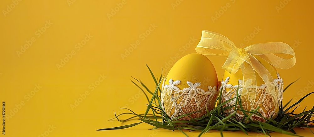 Aufkleber easter decoration featuring two yellow eggs adorned with lace ribbons nestled in green grass twigs o
