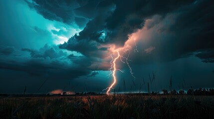 Dramatic flash of lightning illuminating a dark, stormy sky, capturing the power of nature
