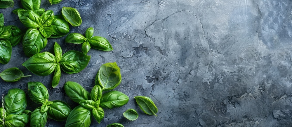 Poster flat lay arrangement with lush green basil leaves on a gray surface, providing room for text in the 