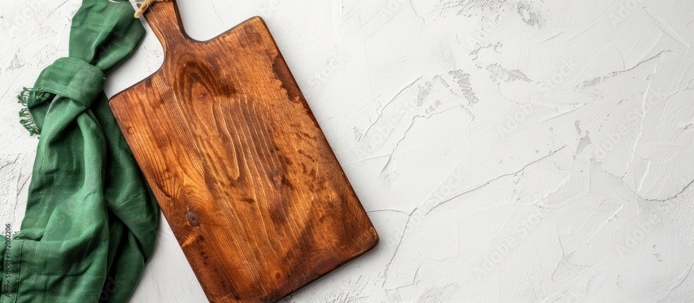 Poster A vintage rectangular cutting board with a handle is placed on a white table beside a green towel, accompanied by a blank area on the left for text or design in a copy space image.