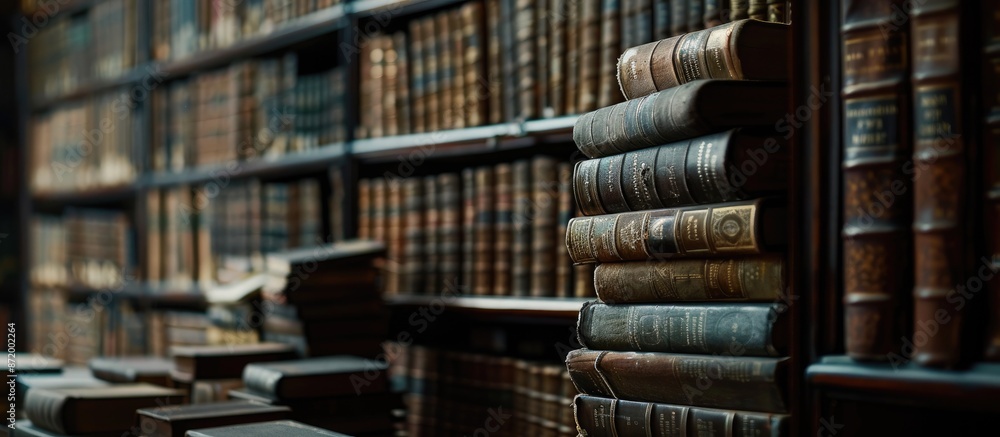 Poster Books neatly stacked in a library setting with ample copy space image available for use.