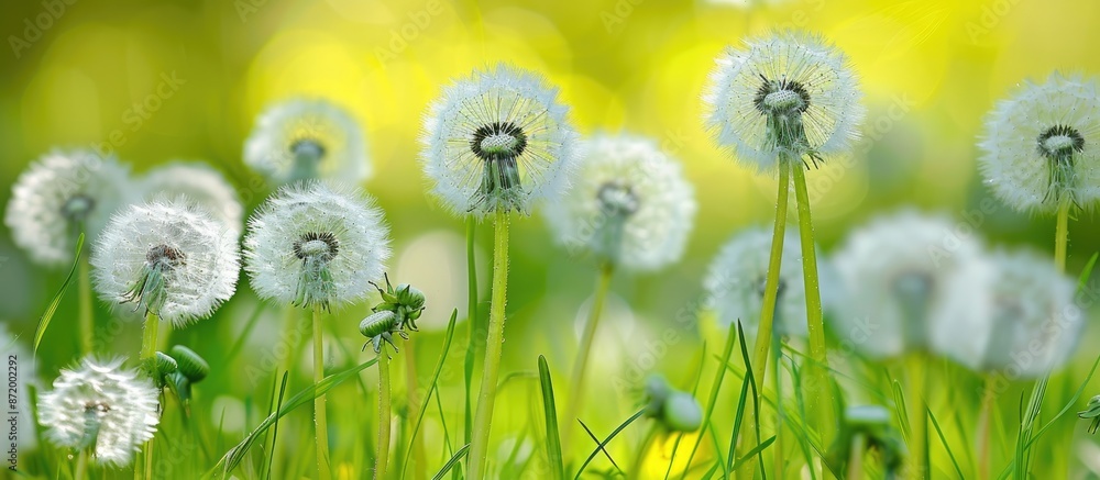Poster a close-up image of square dandelions with white flowers and vibrant green stems on a sunny day prov