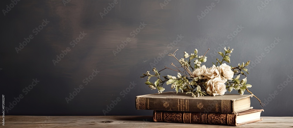 Poster display an antique book on the gray backdrop showing copy space image.