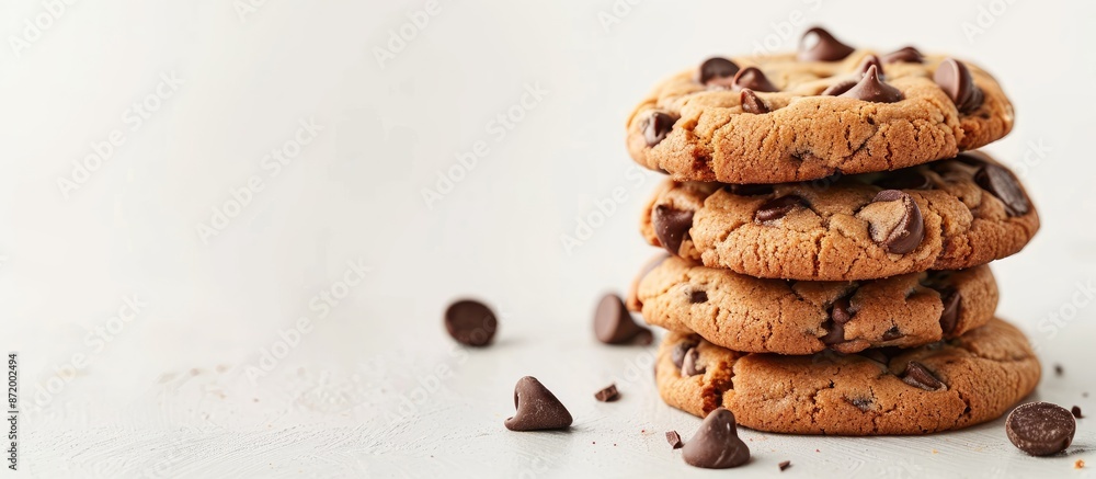 Poster A mouthwatering stack of Chocolate Chip Cookies on a white surface with copy space image.