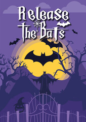 Misidentified monster: Playful vampire in a bat costume  stands awkwardly in front of a spooky cemetery gate, under a full moon.