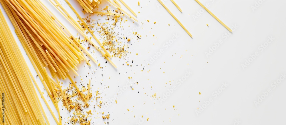 Poster spaghetti pasta on a white background with copy space image.