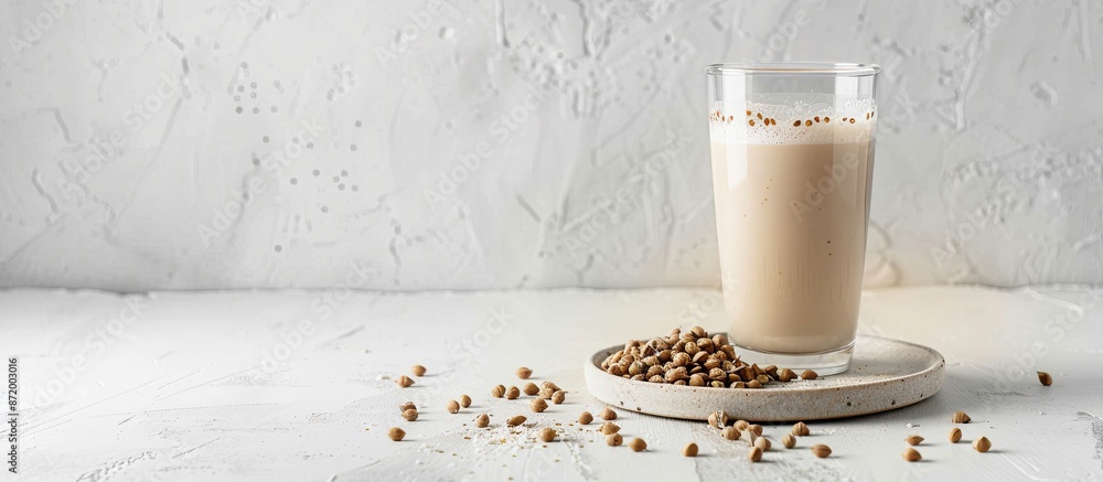 Poster glass of buckwheat milk with dry seeds on white background. conveys vegan and vegetarian milk idea. 