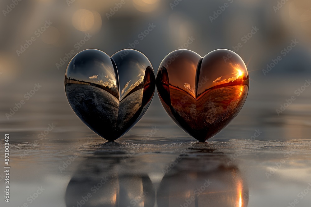 Poster twin metallic hearts on reflective surface with warm sunset lighting symbolizing unity and duality i