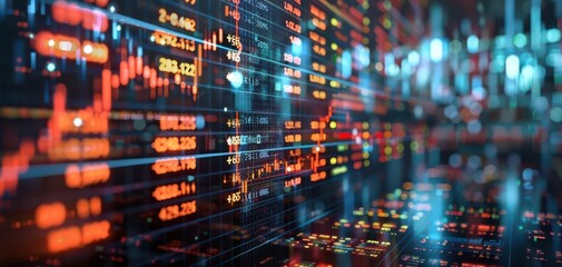 Obraz premium A digital stock market display featuring financial data, graphs, and various colorful indicators showing market activity