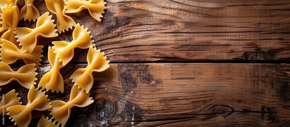 Poster Top-down view of bow tie pasta on a wooden surface, featuring a background with enough space for additional content or imagery.