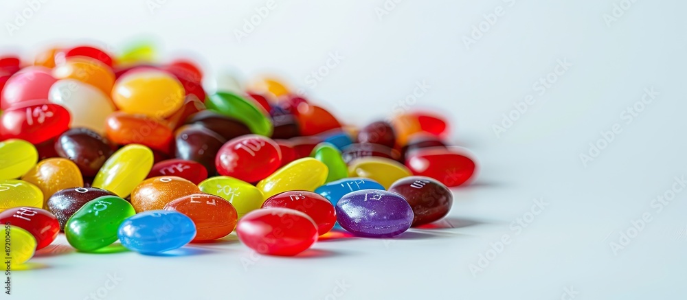 Aufkleber A close-up photograph showing a heap of colorful candies displayed on a clean white backdrop with ample copy space image for text or graphics.