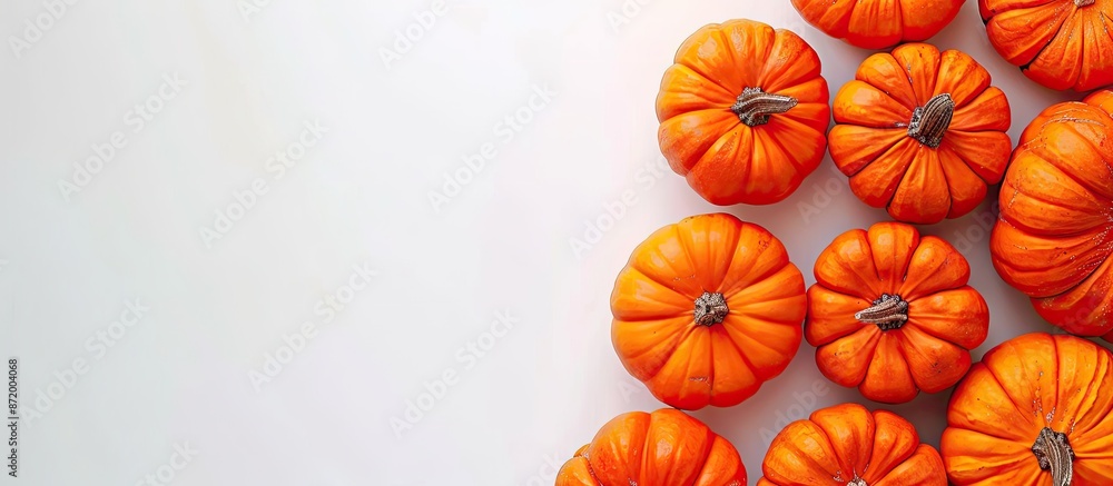 Poster Top view of pumpkins on a white background with space for text - a creative autumn-themed image perfect for Thanksgiving.