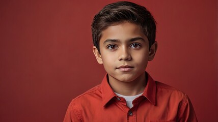 Obraz premium The portrait of a lovely young Boy looks space wearing a shirt isolated on Red color background
