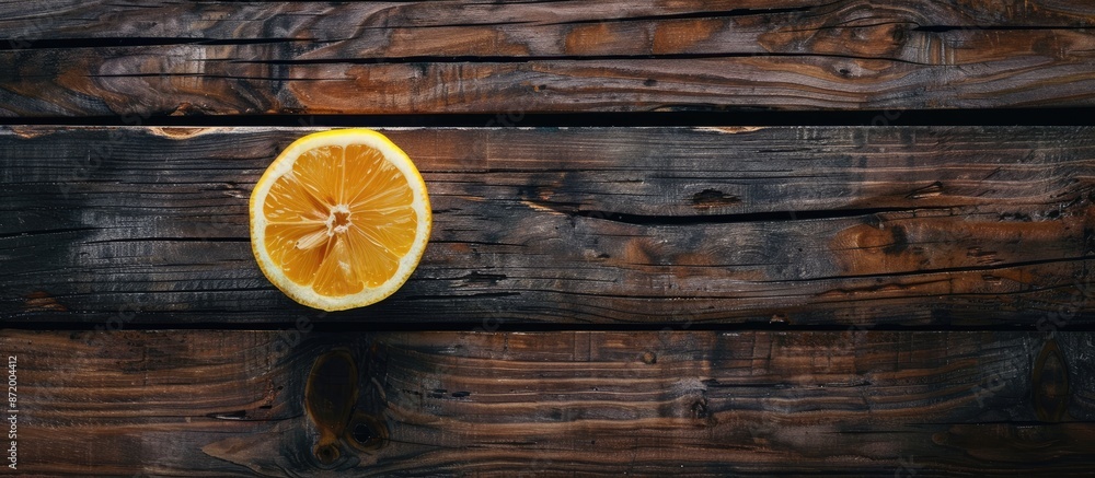 Poster dark wood table with copy space image showcasing a half lemon.