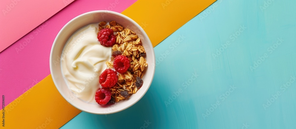 Poster granola and yogurt in a bowl on a colorful backdrop, with space for adding your own image.