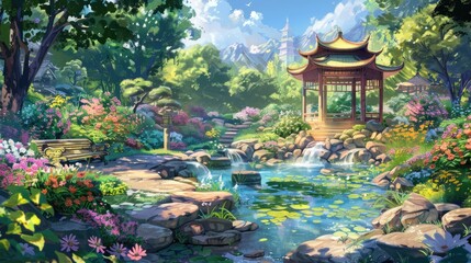 Obraz premium Fantasy anime park illustration showcasing a charming gazebo, winding streams, and vibrant flower gardens, perfect for a magical outdoor setting