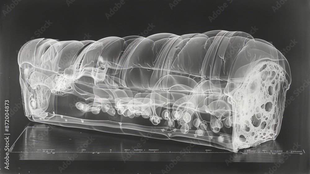 Poster x-ray scan of a loaf of bread, showing the air pockets and texture of the bread.