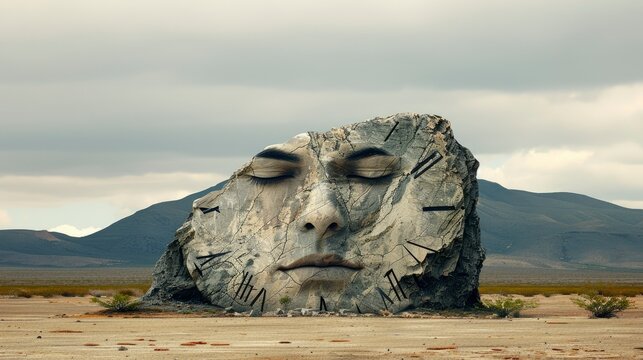  Minimalist, surreal digital art of a giant clock face embedded in a mountain, floating in an empty desert, muted colors,