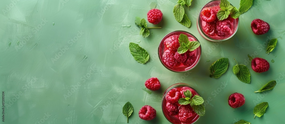 Aufkleber Refreshing summer drink made from raspberries set on a green background in a top-view copy space image.