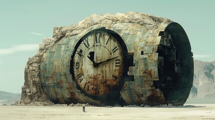  Minimalist, surreal digital art of a giant clock face embedded in a mountain, floating in an empty desert, muted colors,