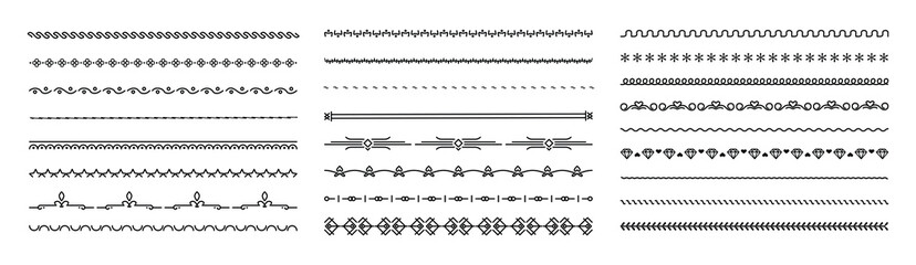 Decorative simple borders. Line dividers decoration for wedding invitation, certificate and book. Vintage geometric divider and border frame classic seamless elements isolated set