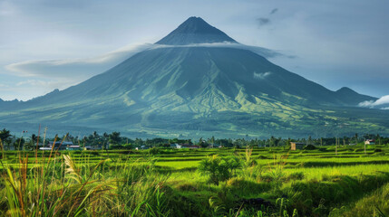 Fototapeta premium A scenic view of Mayon Volcano, a majestic stratovolcano in the Philippines, with its summit covered in clouds. The volcano rises above a verdant landscape of rice paddies