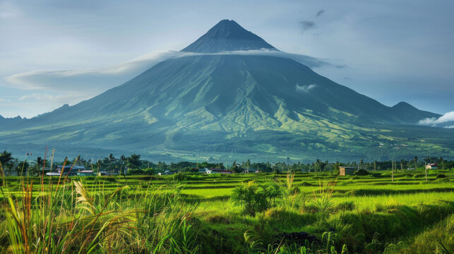 A scenic view of Mayon Volcano, a majestic stratovolcano in the Philippines, with its summit covered in clouds. The volcano rises above a verdant landscape of rice paddies