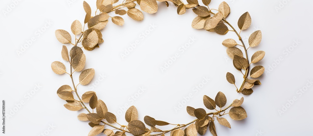 Fototapete top view of a square wreath crafted from golden eucalyptus branches on a white backdrop, providing a