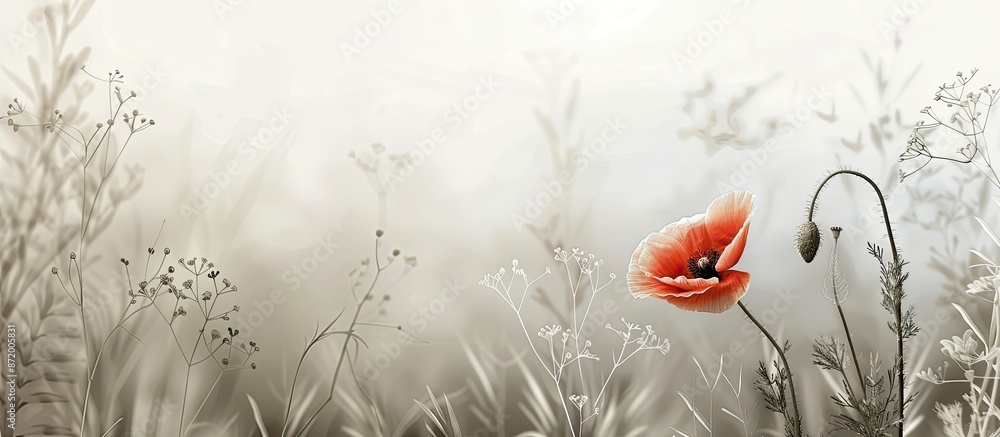 Poster Poppy blooming in a field with a white hue, creating a serene and peaceful atmosphere. Prominent and striking against a backdrop with copy space image.