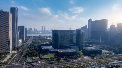 Modern Urban Cityscape with High-Rise Buildings by Waterfront