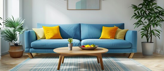 Scandinavian-styled living room featuring a blue sofa, yellow pillows, and wooden low table on a carpet, with copy space image.