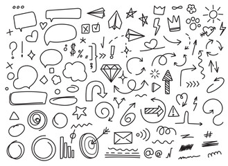 Doodle elements. Sketch underline, arrow and speech bubble, diamond and paper plane. Hand drawn brush stroke highlight, crown and star, sparkle. Vector graffiti line set