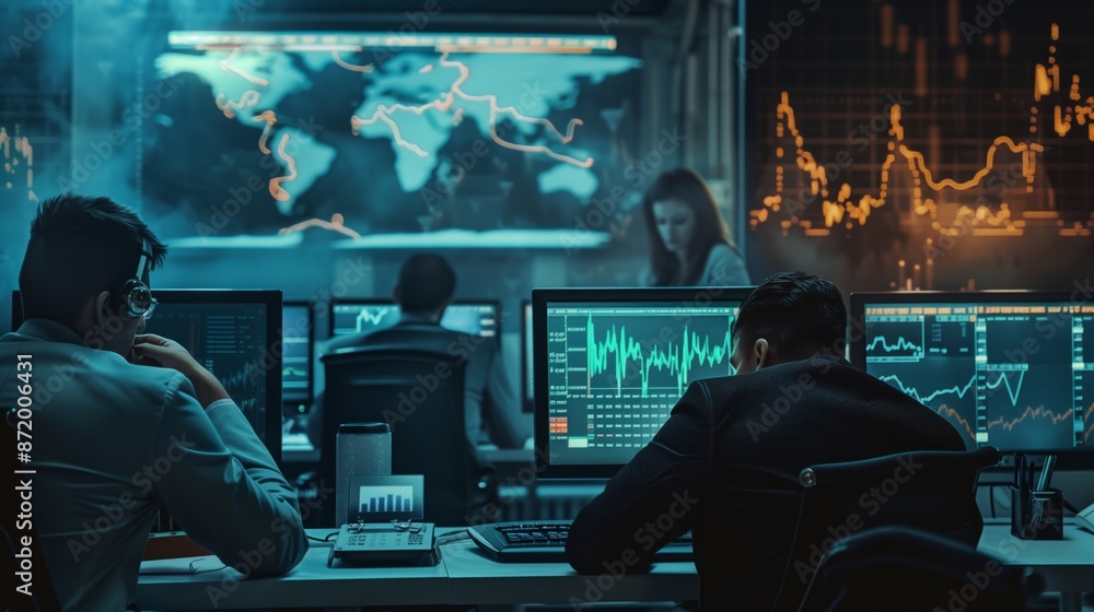 Poster a group of stock market analysts are working late into the night, intensely focused on their compute