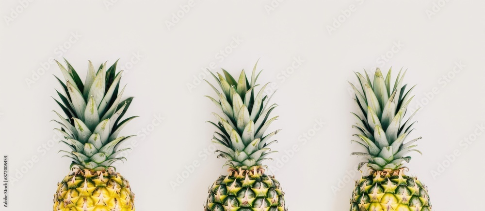 Poster a white background showcases three vibrant pineapples with leafy tops. copy space image.