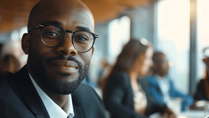 Close-up of an African Businessman with Glasses Smiling During a Corporate Meeting