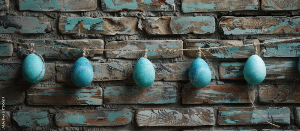 Poster turquoise easter eggs dangle on a string in front of a blank brick wall, with ample copy space image