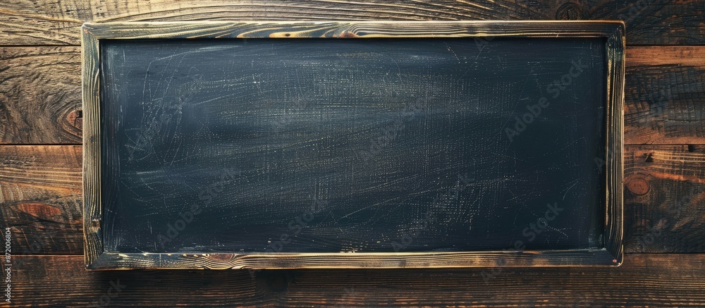 Poster rustic setup featuring a blank blackboard with space for text in a top-down view for placing your me