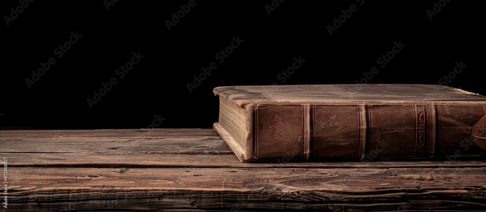 Poster a book on a wooden table with a black background, allowing for copy space in the image.