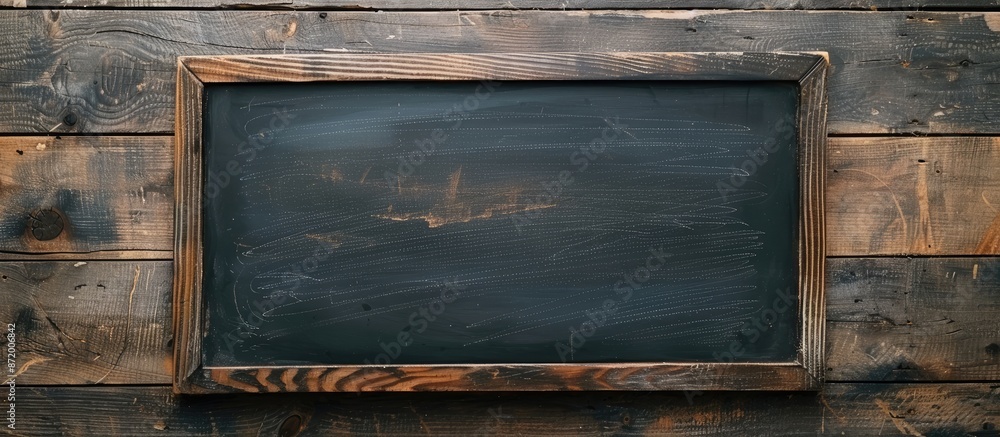 Poster rustic setup featuring a blank blackboard with space for text in a top-down view for placing your me