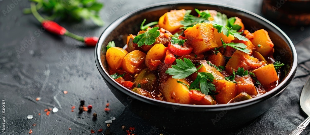 Poster close-up shot of vegetable stew in a black bowl with available copy space image included.