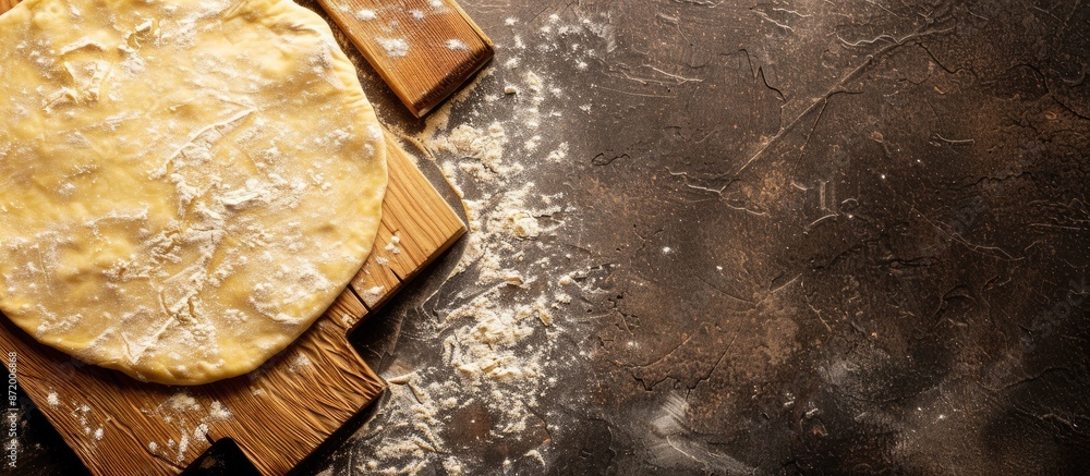 Poster Cut the dough on a wooden board into vertical lines with a background image perfect for cooking khinkala with a copy space image.