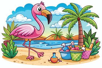 Obraz premium Funny Flamingo Beach Summer Clipart Pack
