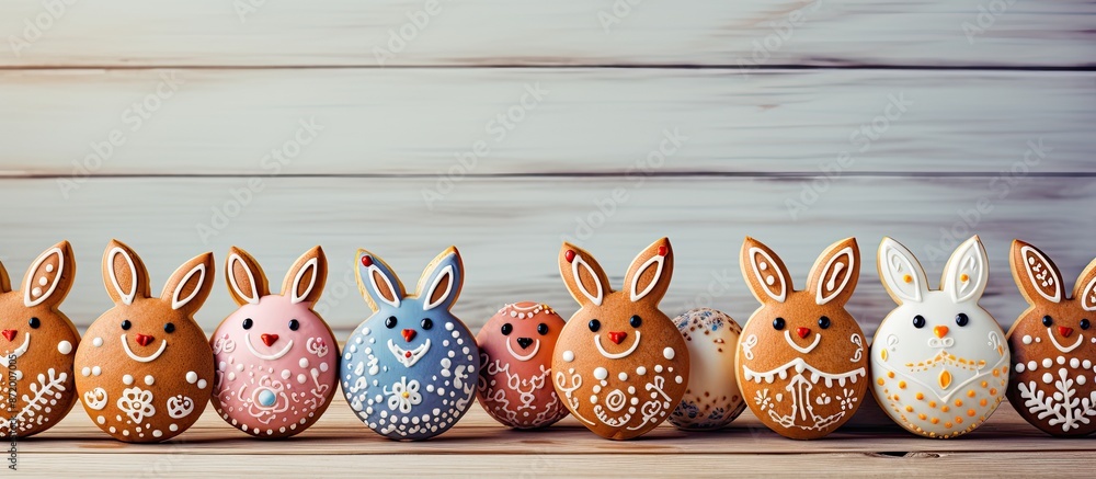 Poster gingerbread eggs and rabbits with sugar glaze displayed on a light wooden backdrop providing a charm
