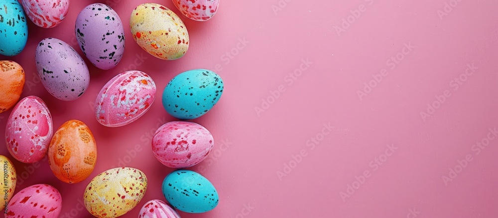 Aufkleber colorful easter eggs on textured pink paper background with ample copy space image for text, capture