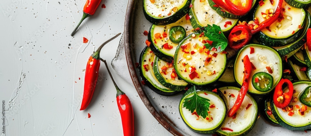 Poster top view of zucchini and chili pepper pickles arranged on a plate with a white background, perfect f