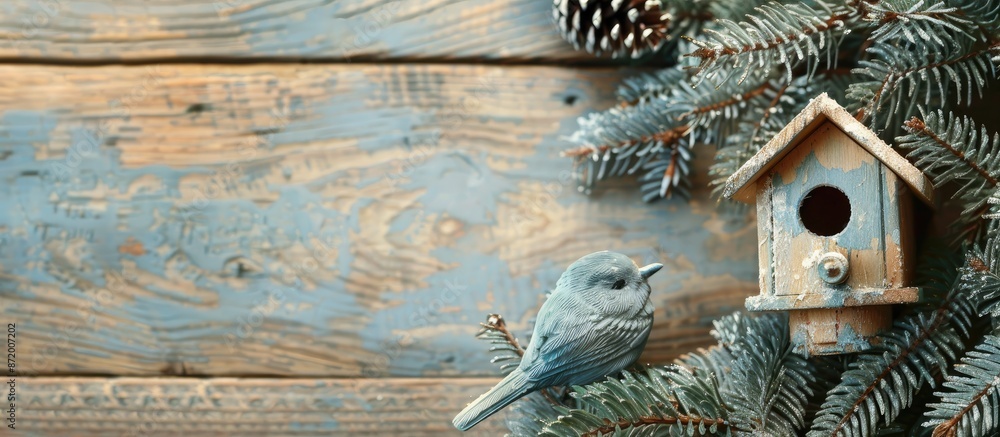Poster A festive scene features a fir branch, birdhouse on wood background, ideal for adding text or images in the empty space.