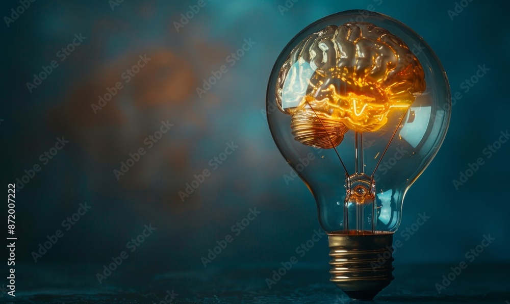 Poster 3d rendering of a light bulb with a brain inside on a dark blue background.