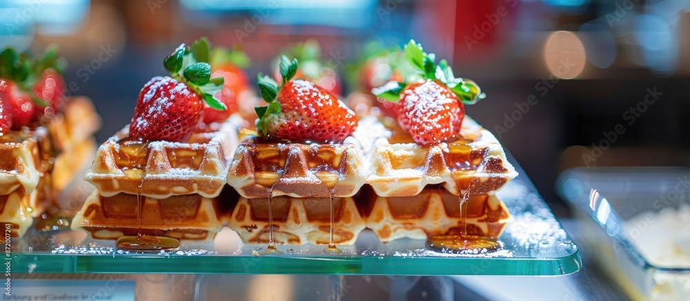 Poster fresh mint garnishes enhance belgian waffles drizzled with honey and strawberries, displayed on a gl