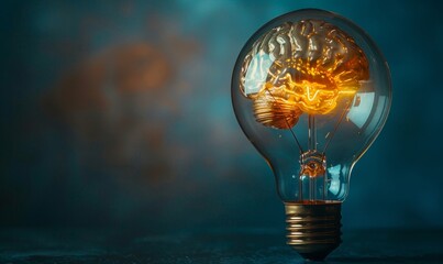3D rendering of a light bulb with a brain inside on a dark blue background.