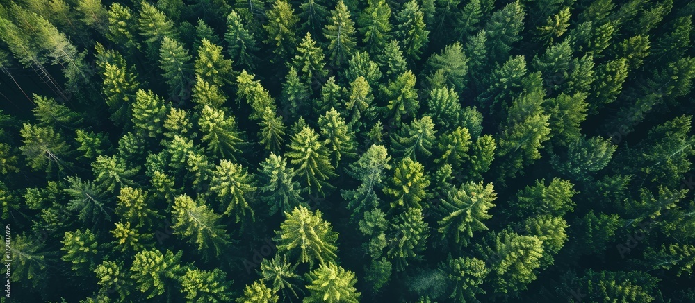 Aufkleber An aerial perspective of a wooded area featuring tall pine trees with a vast expanse of open sky, suitable for a copy space image.